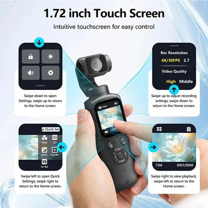 4K  Action Camera 180° Auto-rotate Len Pocket Camera 1.9" Touchscreen Zoom Sport Cam Portable Vlog Video Recorder Cycling