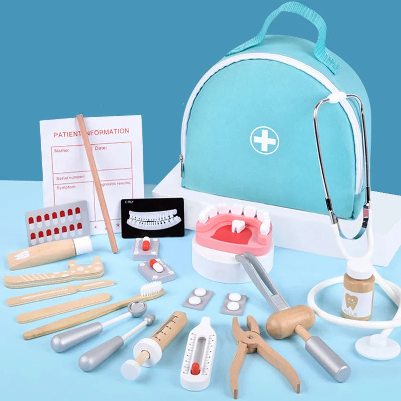 Lekläkare leksaker trä simulation tandläkare undersökning borsta tänder medicin set rollspel pedagogiska leksaker för barn