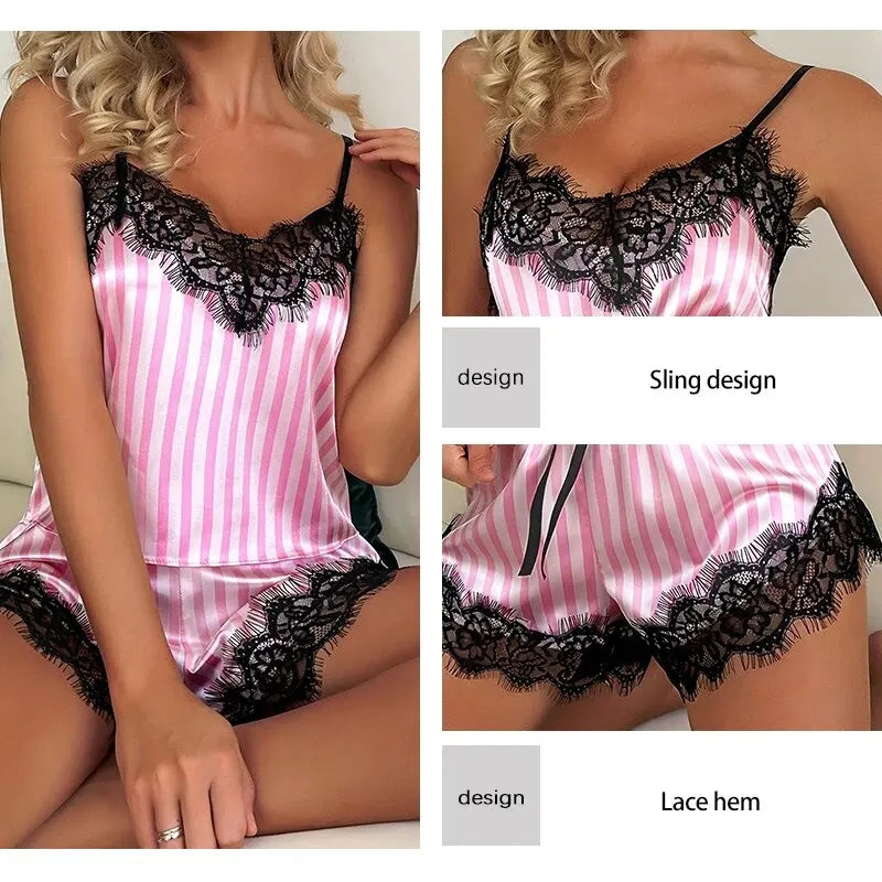 Dam Pyjamas Set – V-ringat Spetslinne & Shorts, Sexigt & Bekämt, Rosa M–L