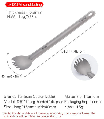 Tiartisan Titaniumsked & Spork – Ultralättviktig 15g, Långt Handtag, Frostad/Polerad, Camping