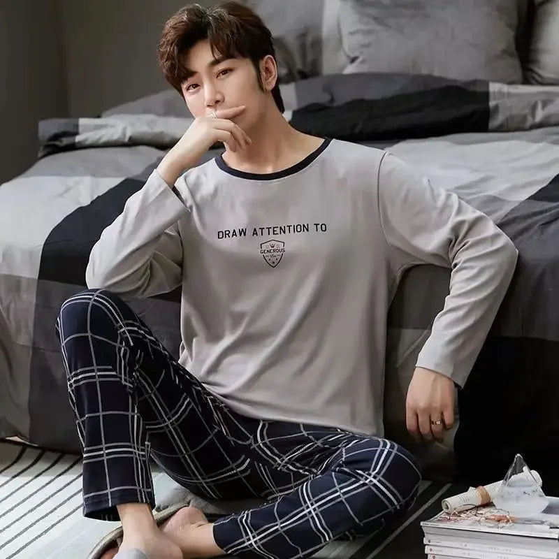 Herr Pyjamas Set Vår & Höst – Långärmad O-ringning & Rutiga Byxor Tunn, 5 Färger L–4XL