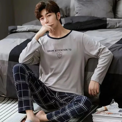 Herr Pyjamas Set Vår & Höst – Långärmad O-ringning & Rutiga Byxor Tunn, 5 Färger L–4XL