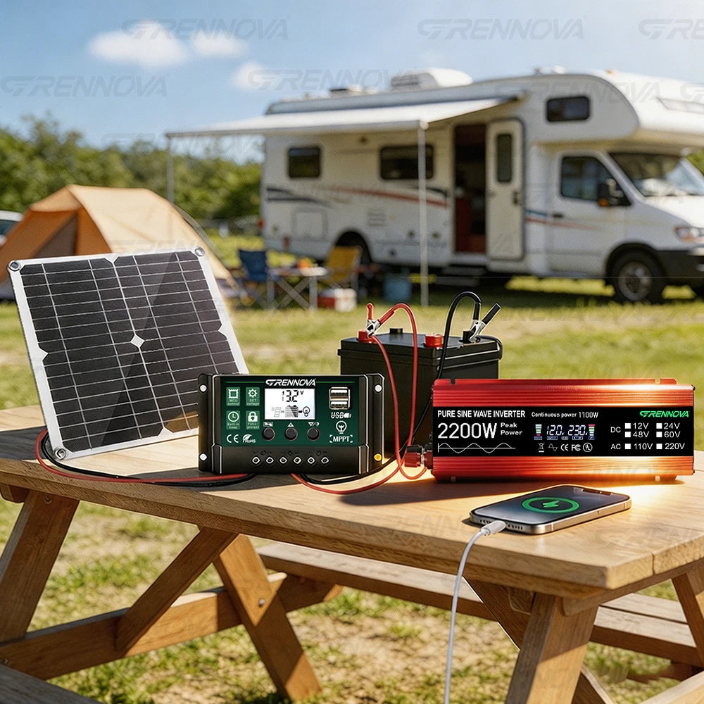 Grennova Portabelt Solcellskit 1100W – Ren Sinusvåg 2200W Peak + 30W Panel + 60A MPPT, 110V/220V Off-Grid Husbil Balkong
