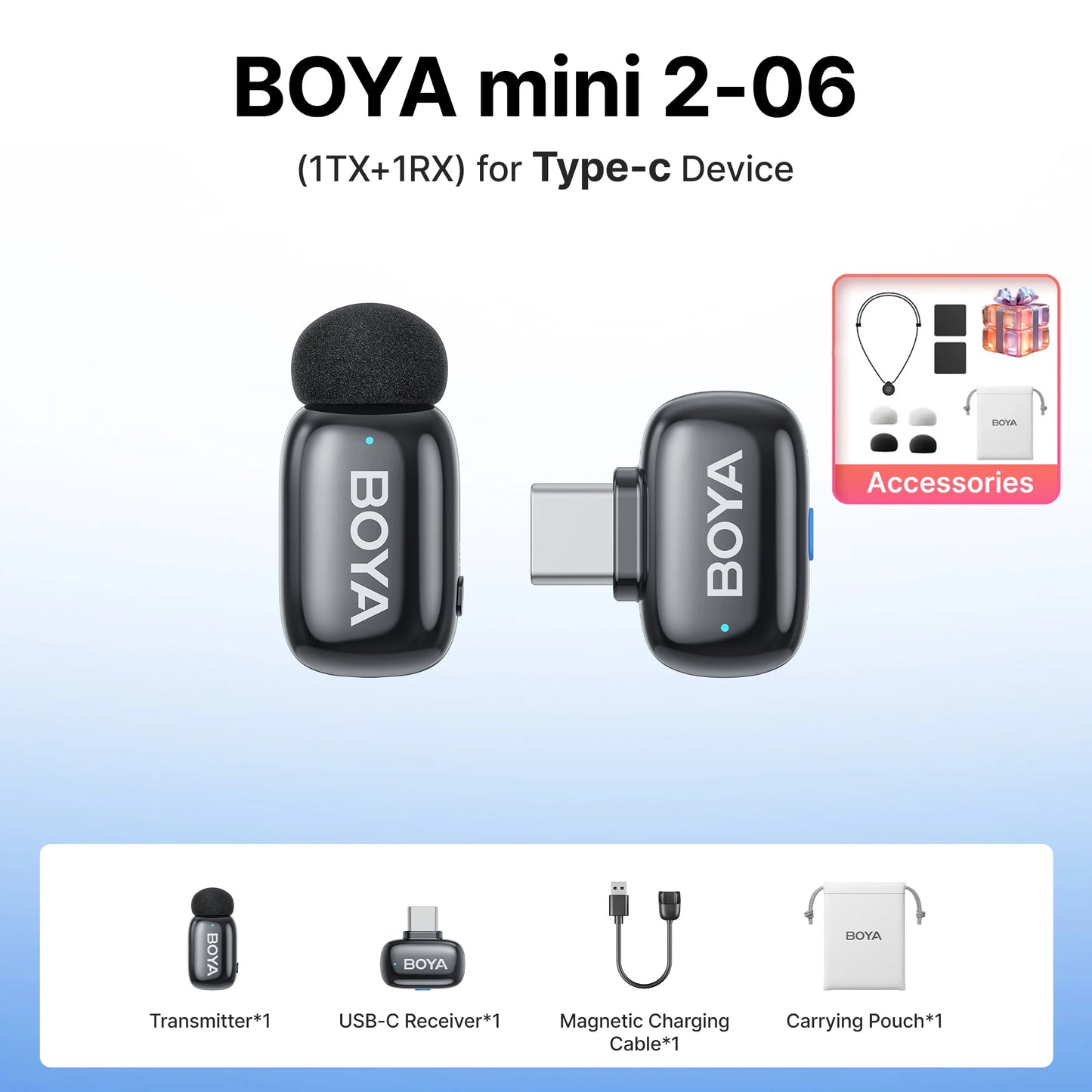 BOYA Mini 2 Wireless Lavalier Microphone AI Noise Reduction Mini Mic for iPhone 6-14/15-17 USB-C Android Phone Video Recording