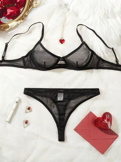 Sensuell Spets Lingerie Set – Tunn Genomskinlig BH & Trosor, 3 Färger S–2XL