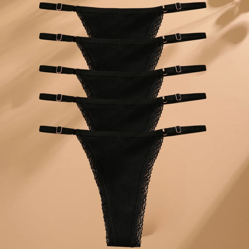 FINETOO 5PCS/Set Sexy G-string Panties Cotton Women's Underwear Adjustable Waist Girl Female Pantys Bikini Lady Thongs Lingerie