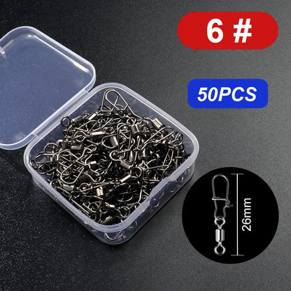 50pcs/box Swivel Snap Connector Pin Rolling Ring Fishing Tackle Box Buckle Hook Lure Kit Wire Rotate Bearing Pesca Tool Gear