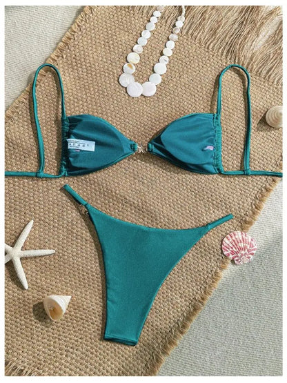 Cikini Women's Sexy Bikini Two Pieces Set Accessories Glossy Texture Special Fabric Solid Color Summer Beach Swimwear