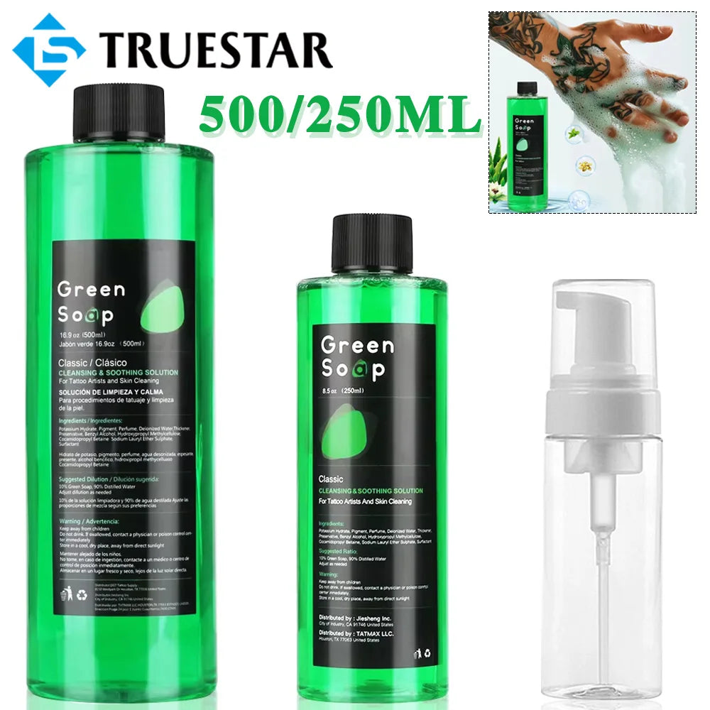 500/250ML Tattoo Green Soap Tattoo Cleaning Soap Tattoo Skin Cleansing Soothing Solution Green Algae Soap and Foam Bottle Set