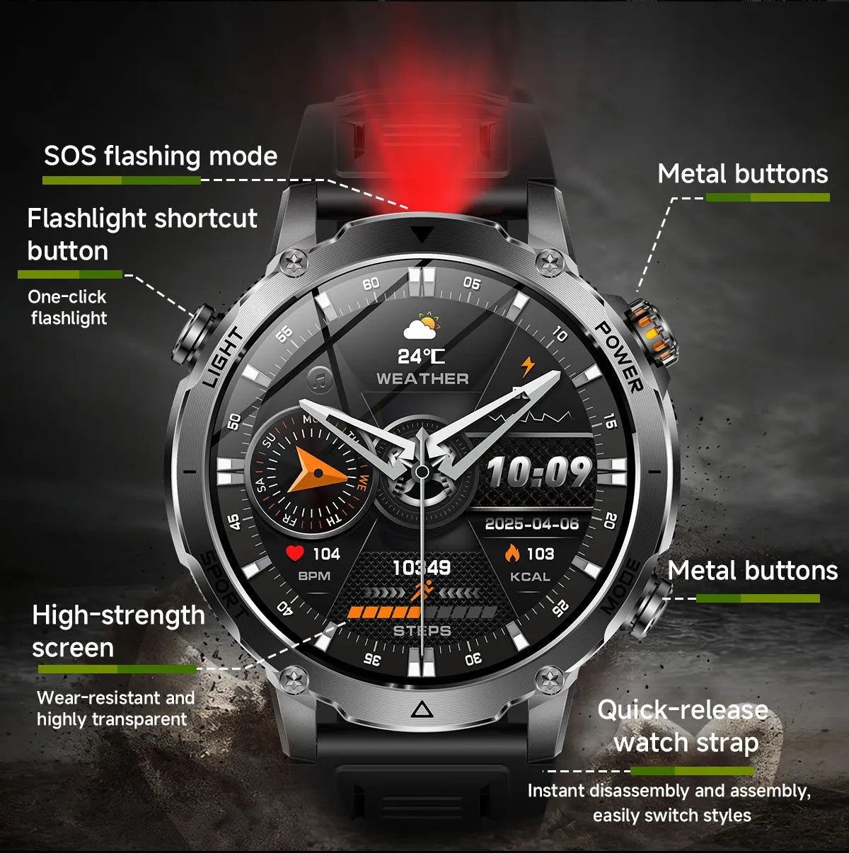 2026 1400mAh Big Battery Smart Watch Men Outdoor GPS Flashlight IP68 Waterproof Bluetooth Call AMOLED Military Sports Smartwatch