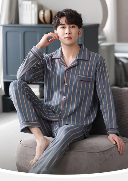 Herr Pyjamas Set – Långärmad & Långa Byxor Tunn Polyester Året Runt Plus Size, 5 Färger M–4XL