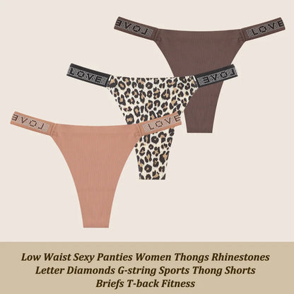 3Pcs/Set Low Waist Sexy Panties Women Thongs Rhinestones Letter Diamonds G-string Sports Thong Shorts Briefs T-back Size XS-XL