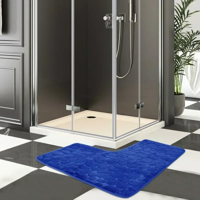 80x80cm New L-shaped Bath Mat Cobblestone Memory Foam Super Absorbent Non-Slip Corner Mat for Bathroom Shower Toilet Home Decor