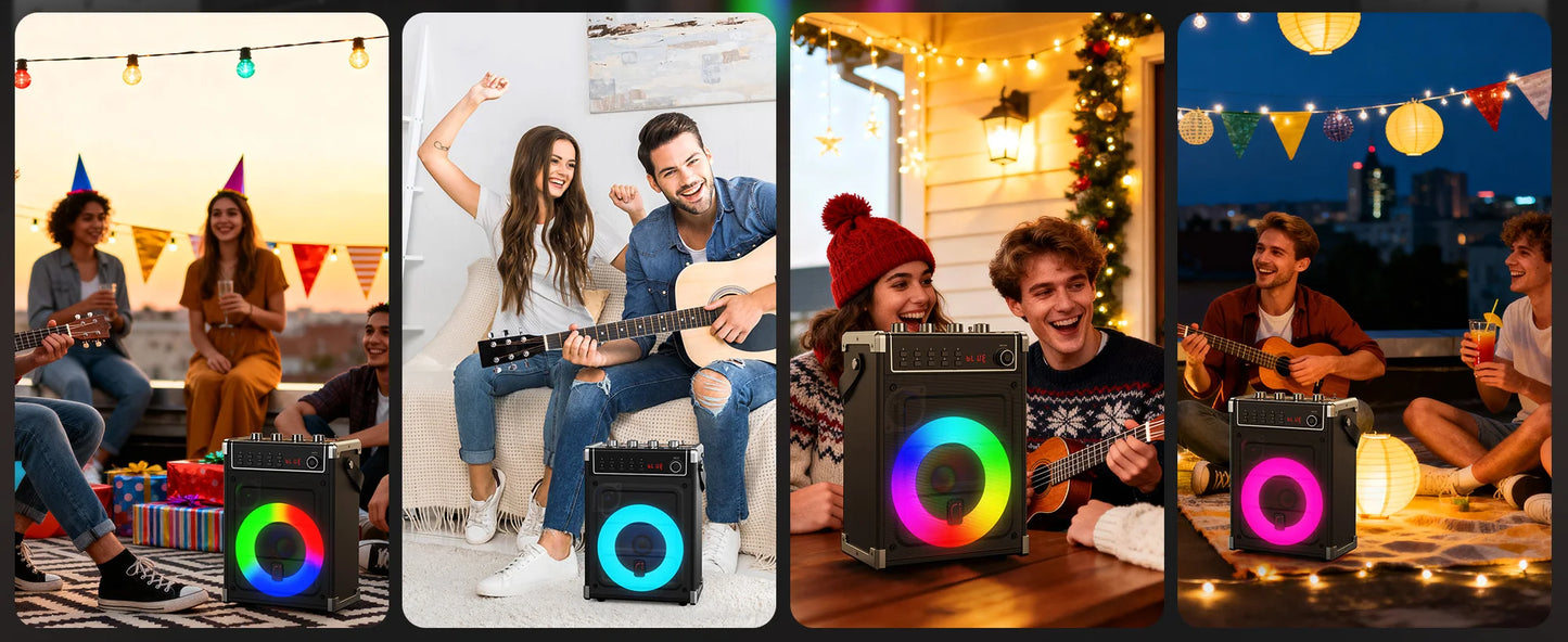 69-black Karaoke Machine with 2 UHF Wireless Microphones, Bluetooth Speaker with Bass/Treble Adjustment and LED Light, PA System