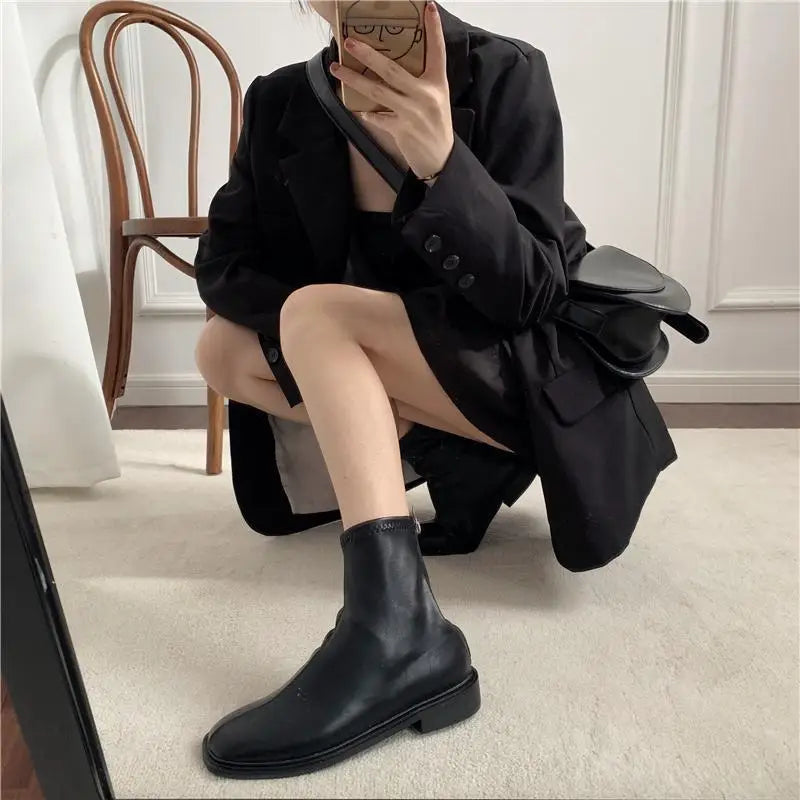 White Female Ankle Boots Work Short Shoes for Women Leather Elegant with Low Heels Booties Footwear Designer Luxury Chic New In