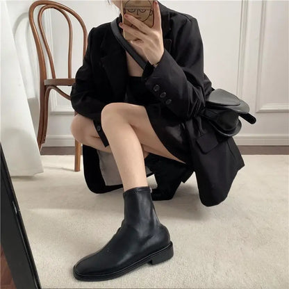 White Female Ankle Boots Work Short Shoes for Women Leather Elegant with Low Heels Booties Footwear Designer Luxury Chic New In