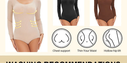 POKARLA Spandex Elastic Body Suit Shapewear Women Body Shaper Tummy Control Long Sleeve Open Crotch Round Neck Seamless Shapers