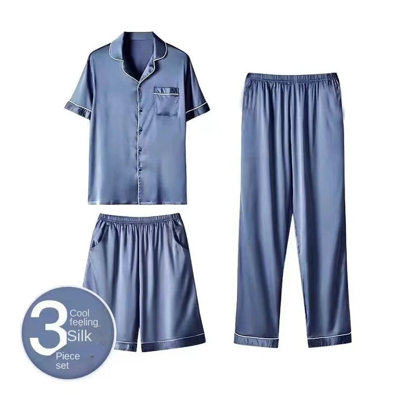 Fashion Summer Autumn 3 Piece Silk Men Pajamas Set Short Sleeve Shorts Oversize Homewear Lapel Collar Loungewear Pijamas for Man