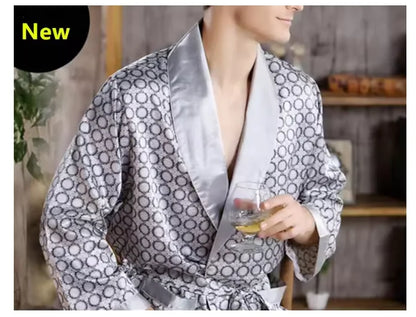 Plus Size 3XL 4XL 5XL Men Robe Sleepwear Navy Blue Stripe Kimono Bathrobe Gown with Pocket Summer Satin Home Clothes Lounge Wear