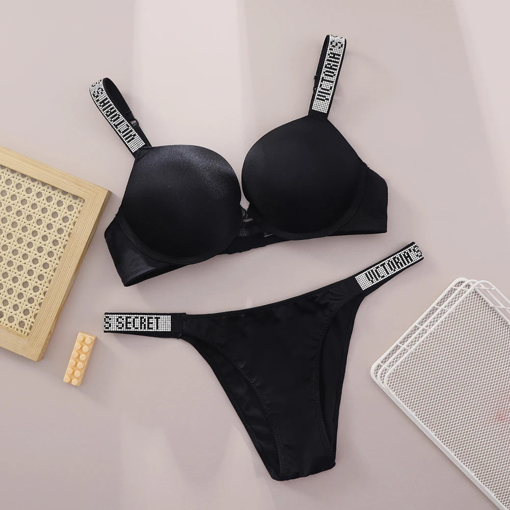 Victoria Secret Shine Script Thong Panty Very Sexy Logo Shine Strap Push Up Bra Set Sexy Women Lingerie Hot