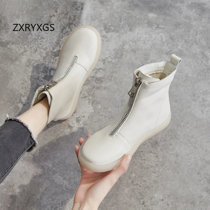 ZXRYXGS British Style Front Zipper Genuine Leather Boots Flat Sneakers 2026 Temperament Trend Autumn Winter Boots Black White