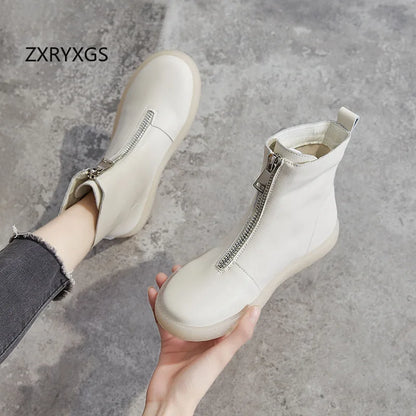 ZXRYXGS British Style Front Zipper Genuine Leather Boots Flat Sneakers 2026 Temperament Trend Autumn Winter Boots Black White