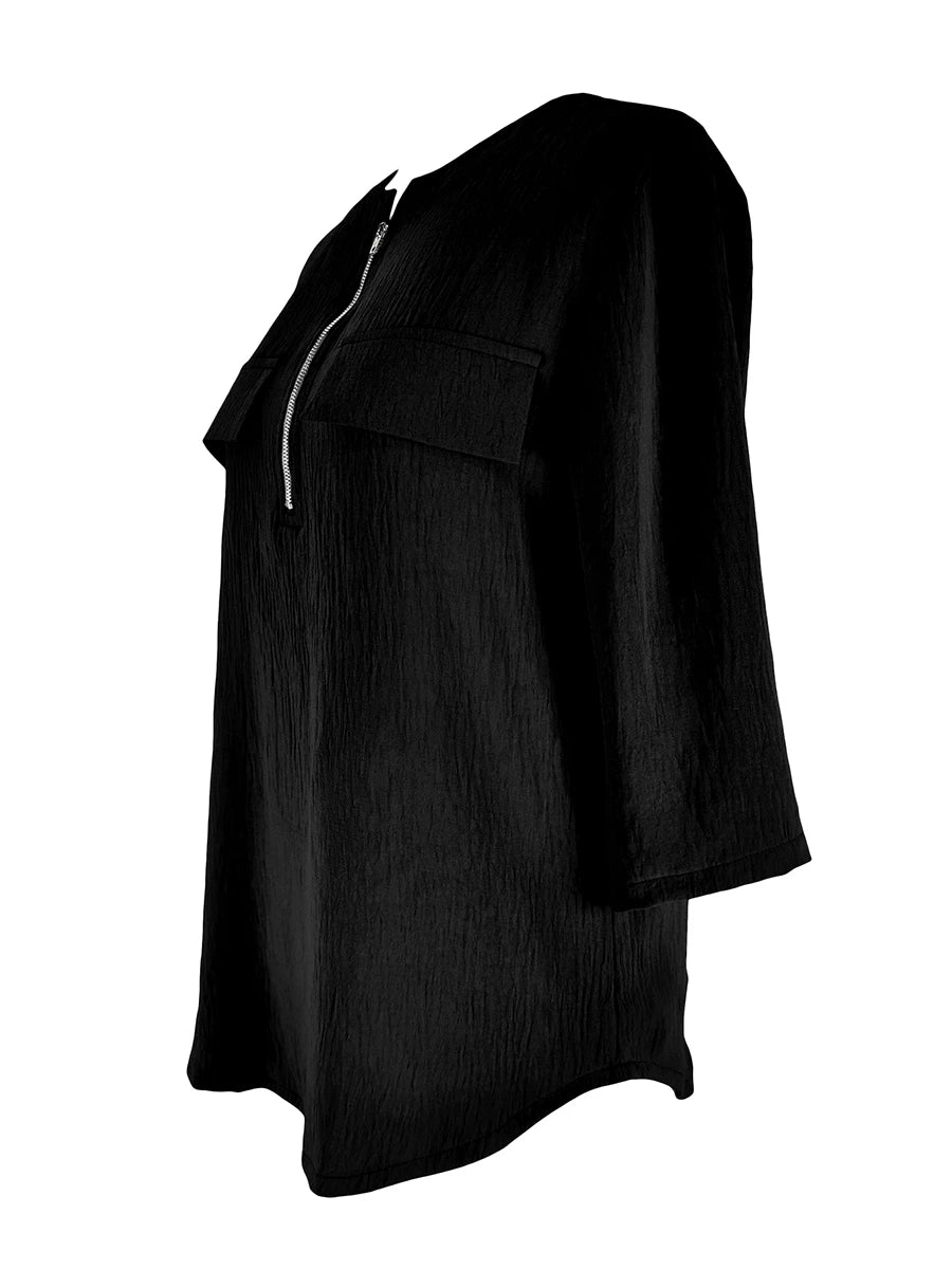Dam Tunika Topp med Dragkedja V-ringning – 3/4-ärm Lös Ficka Elegant Kontor Casual, Svart 1XL–4XL