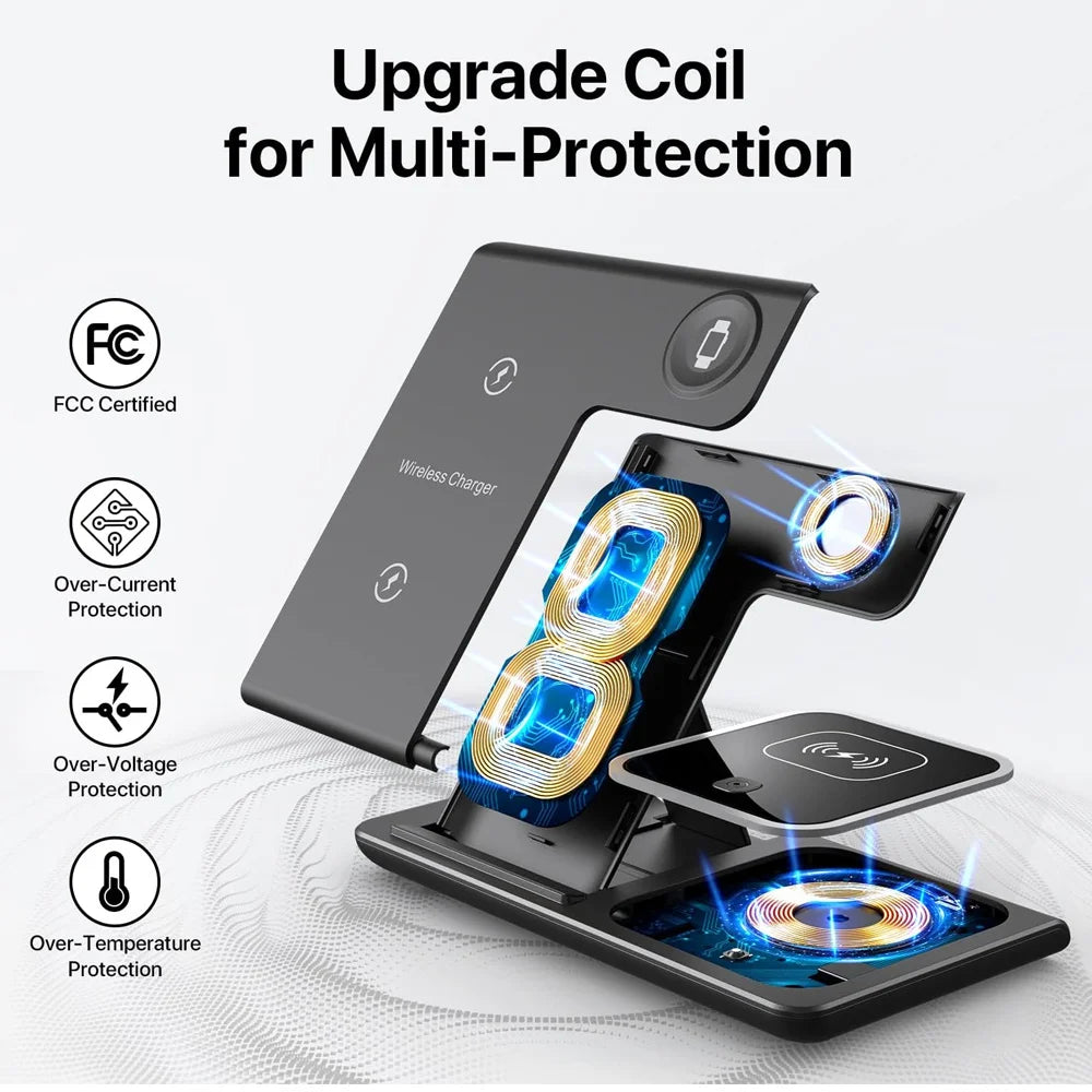 15W 3 in 1 LED Fast Wireless Charger Stand Foldable Charging Station For IPhone17-11 Apple Watch 9 8 7 6 5 Airpods Pro