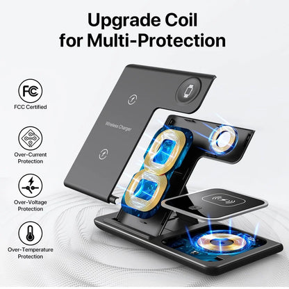 15W 3 in 1 LED Fast Wireless Charger Stand Foldable Charging Station For IPhone17-11 Apple Watch 9 8 7 6 5 Airpods Pro