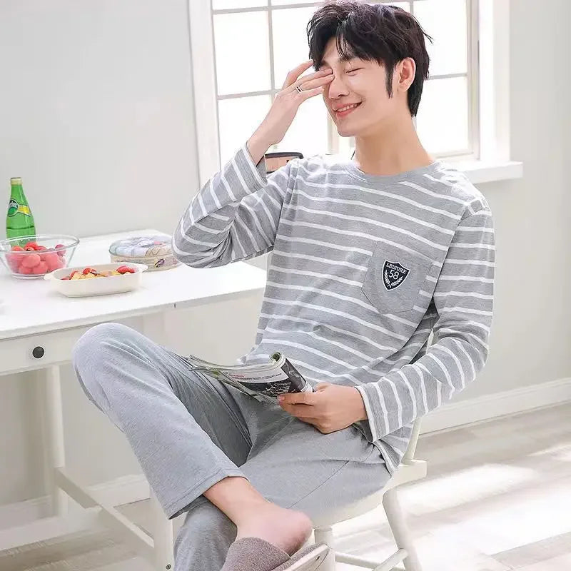 Herr Pyjamas Set Vår & Höst – Långärmad O-ringning & Rutiga Byxor Tunn, 5 Färger L–4XL