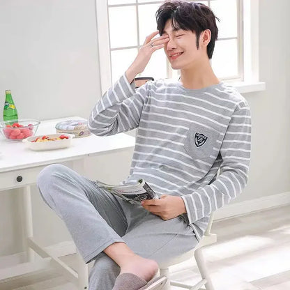 Herr Pyjamas Set Vår & Höst – Långärmad O-ringning & Rutiga Byxor Tunn, 5 Färger L–4XL