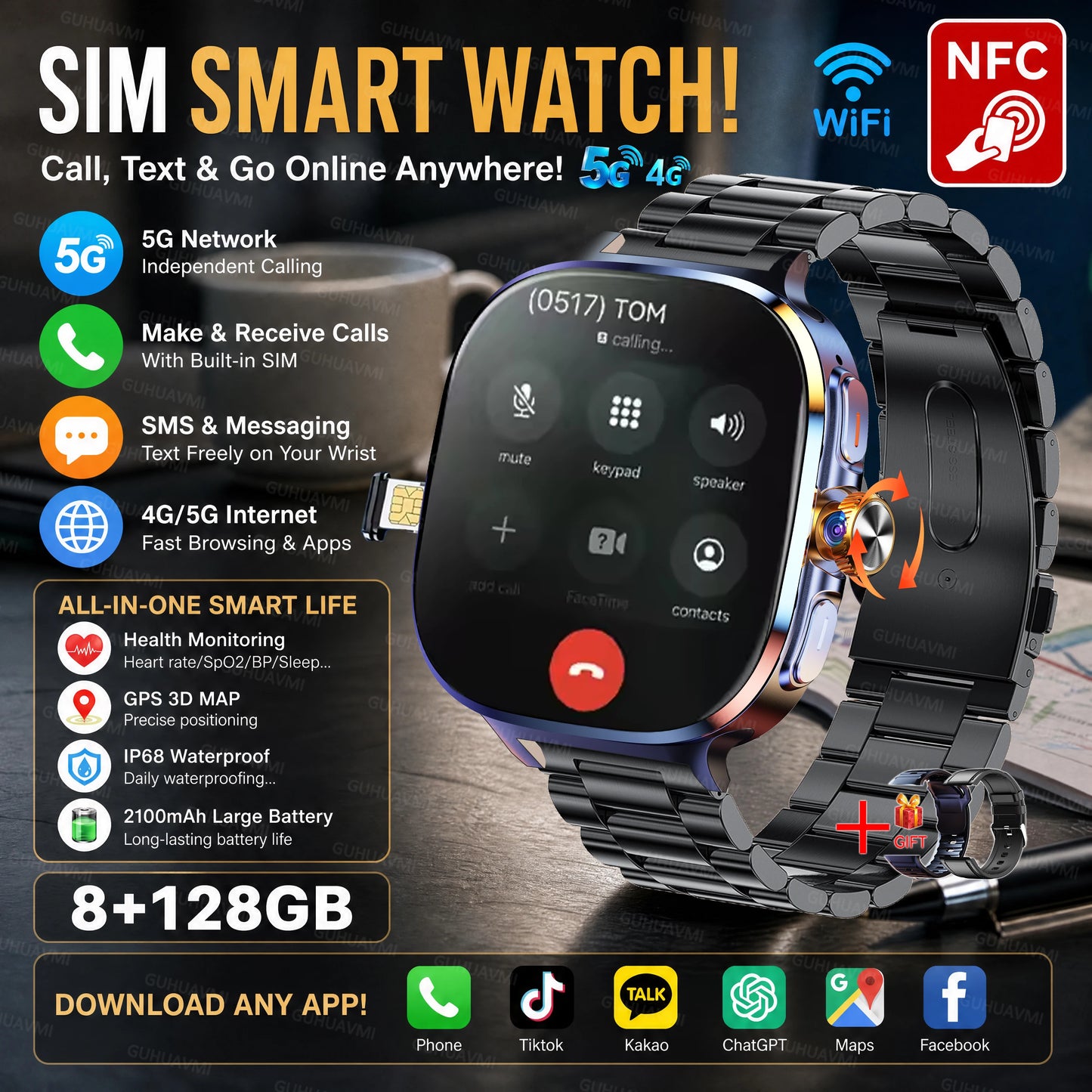 2026New 5G SIM Smart Watch 2.4" AMOLED 8+128GB GPS+NFC WIFI 1000W HD Camera IP68Waterproof Health Monitor Android Smartwatch Men