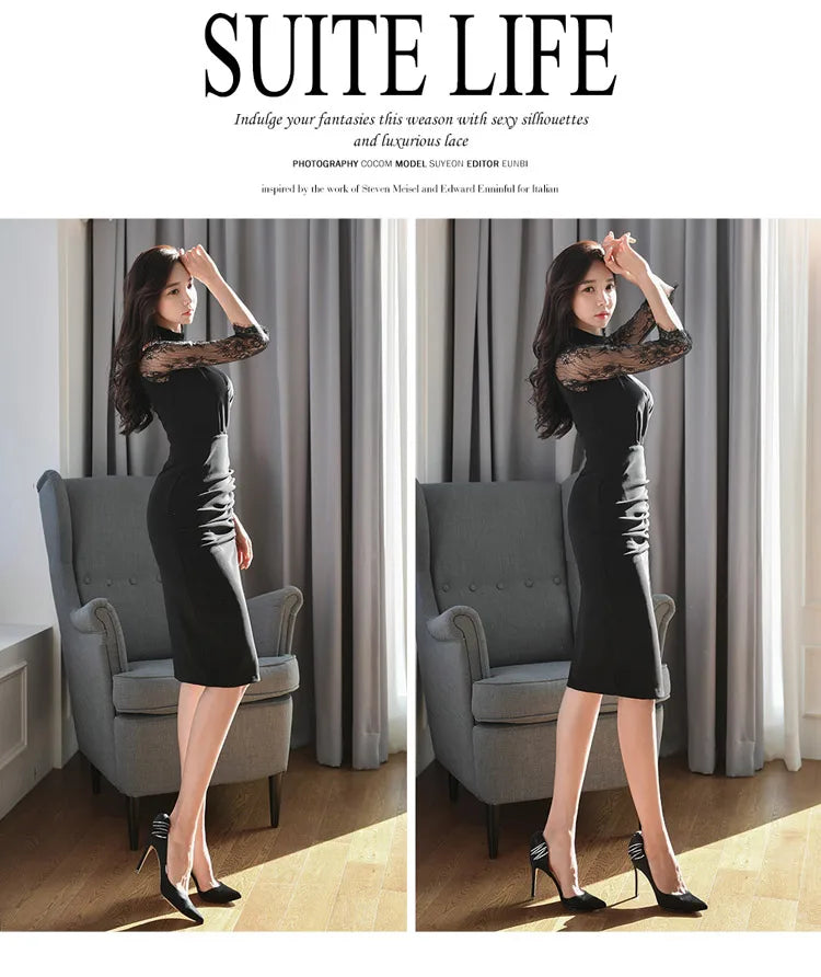 H Han Queen Hot Sale Elegant Fashion Lace Fold Split Pencil Dress Simple Series Dresses Women Korean Mid Office Casual Vestidos
