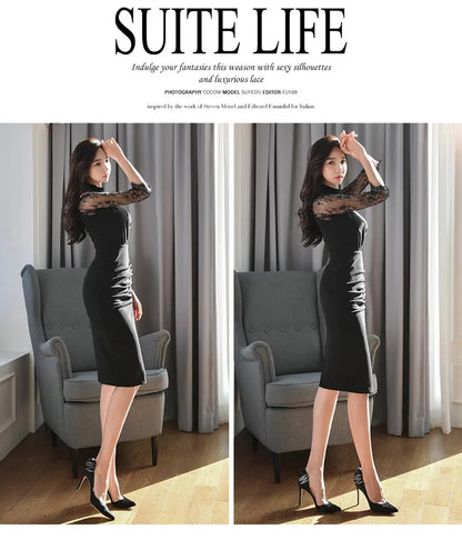H Han Queen Hot Sale Elegant Fashion Lace Fold Split Pencil Dress Simple Series Dresses Women Korean Mid Office Casual Vestidos