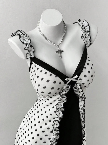 Plus Size Y2K Polka Dot Dress, Ruffle Trim Bow Front Cami Mini Dress, Sexy Sweet Coquette Style Party Dress for Women