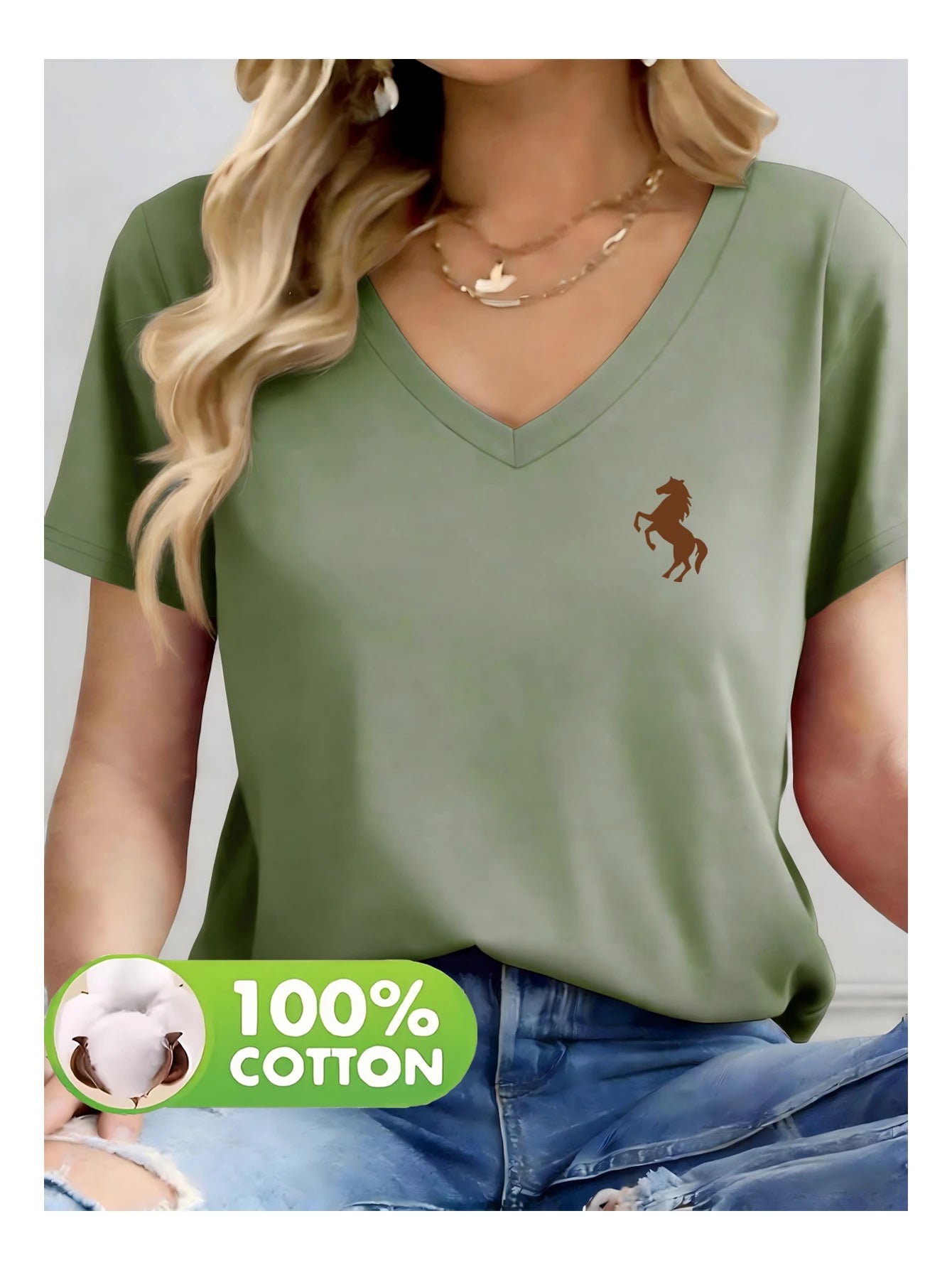 100% Cotton Material, 1 Pack, Women’s Solid-Colored Printed V-Neck T-Shirt, Cotton Fabric, Comfortable and Breathable