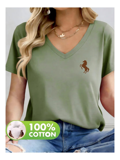 100% Cotton Material, 1 Pack, Women’s Solid-Colored Printed V-Neck T-Shirt, Cotton Fabric, Comfortable and Breathable