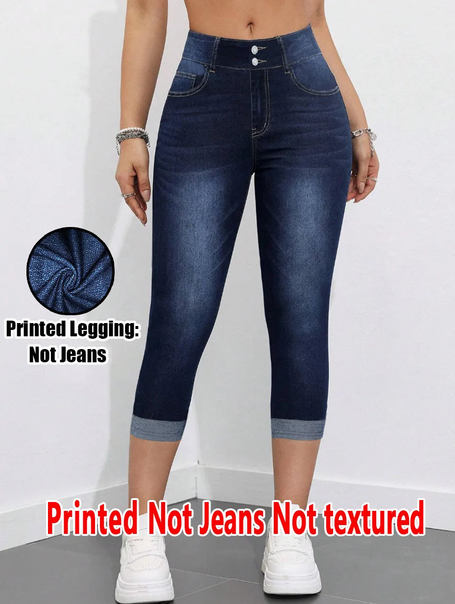 2007 [Printed Pants - Not Denim Fabric] Printed Legging - Not Denim Fabric Women's Imitation Denim Capri Pants Summer Blue