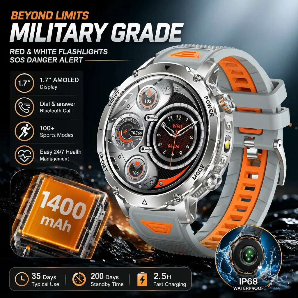 2026 1400mAh Big Battery Smart Watch Men Outdoor GPS Flashlight IP68 Waterproof Bluetooth Call AMOLED Military Sports Smartwatch