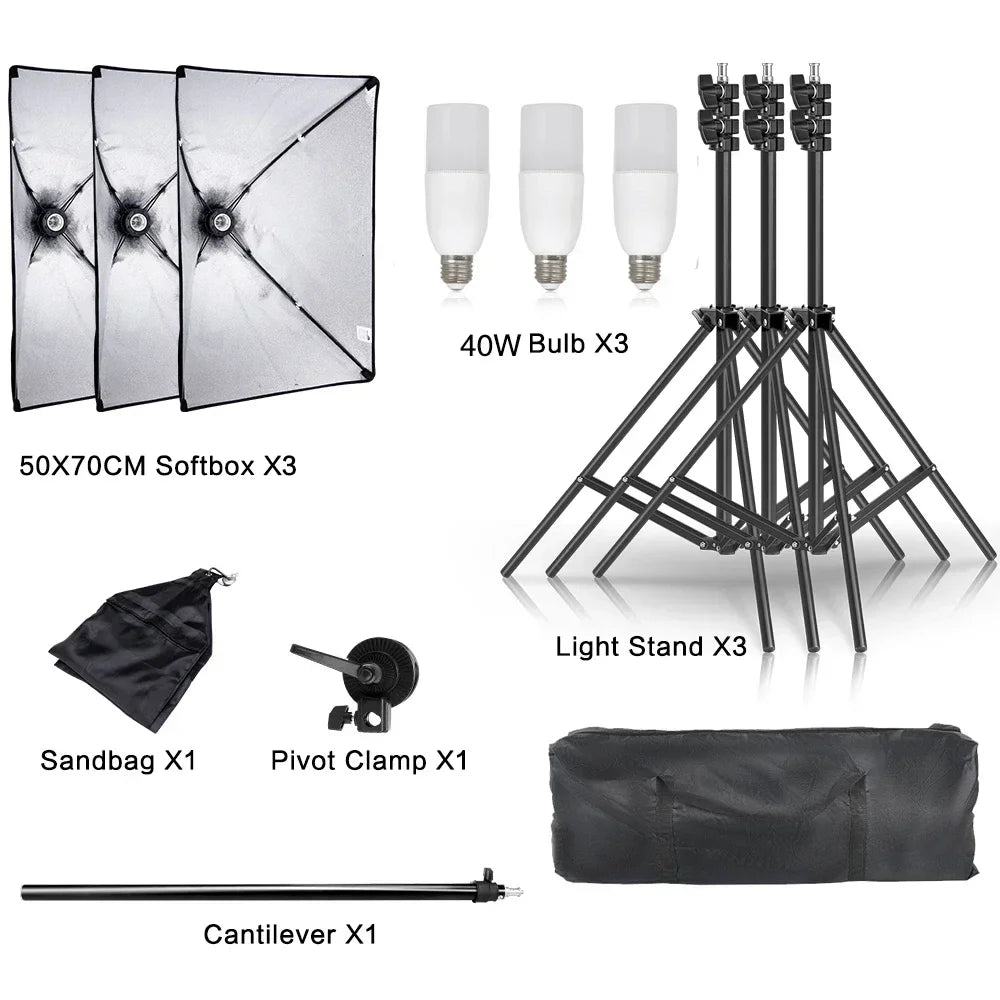 SH 1pc-3Pcs Photography 50x70CM Softbox Lighting Kits Professional Light System With E27 Photographic Bulbs Photo Studio