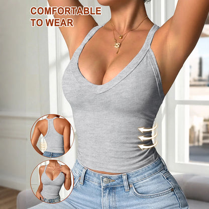 Women's Ribbed Tank Tops Knitted Cropped Tops Deep V-Neck Slim Fit Camisole Y2K Corset Vest Casual Summer Basic Tee Tops