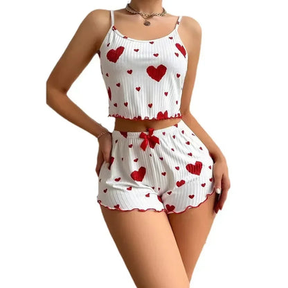 Pyjamasset dam med tryck – linne med smala axelband och shorts, S–XL