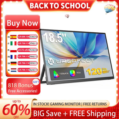 UPERFECT 18,5" Portabel Monitor IPS FHD 1080P – 120Hz AMD FreeSync HDR400 USB-C HDMI VESA Inbyggda Högtalare EU-lager
