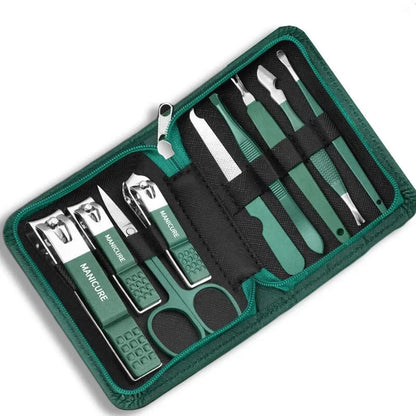 Green Stainless Steel Nail Clipper Sets 6-18 Pcs Manicure Set With Leather Case Professional Foot And Face Care Tool Kits