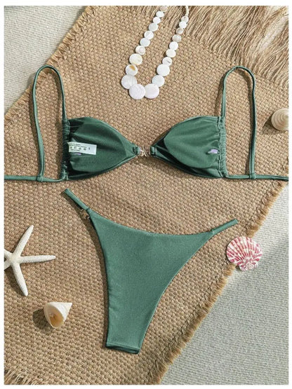 Cikini Women's Sexy Bikini Two Pieces Set Accessories Glossy Texture Special Fabric Solid Color Summer Beach Swimwear