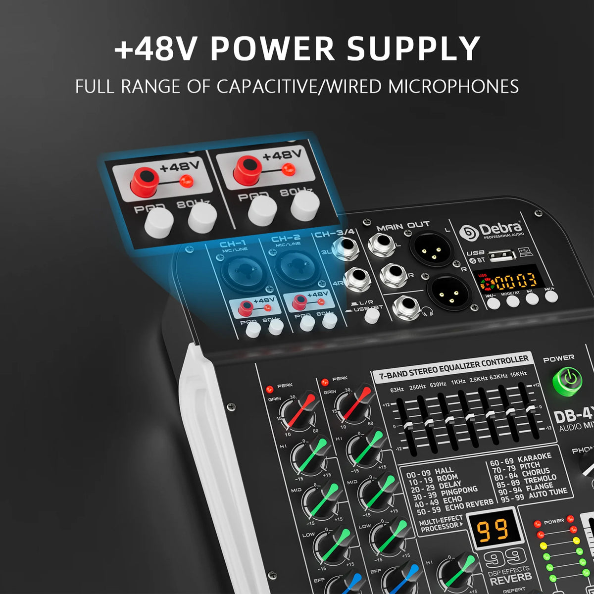 DB-4X 4-kanals mixerbord med USB, Bluetooth och DSP-reverb