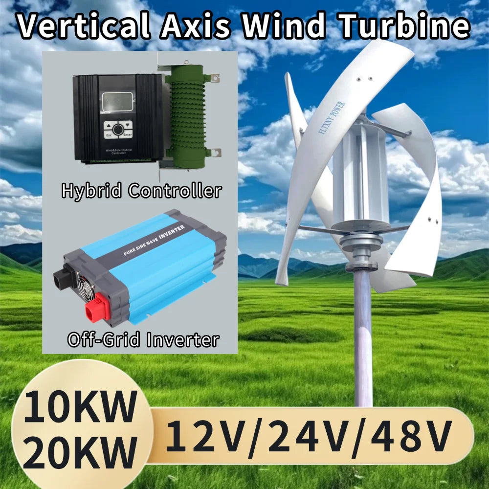 Vertikal Vindturbin 10kW/20kW 12V/24V/48V – Kärnlös Magnetlevitation Lågbullrig MPPT Hybrid Sol+Vind Off-Grid Hushåll
