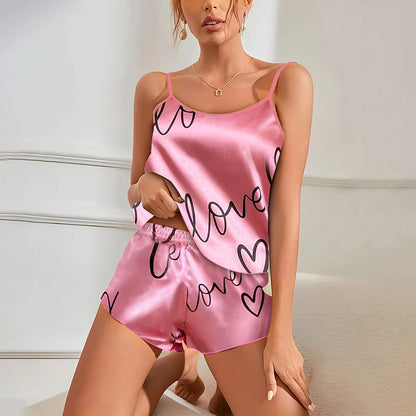 Dam Satin Pyjamas 2-delad – Hjärtprint V-ringning Cami & Shorts Sommar, 9 Färger S–XL