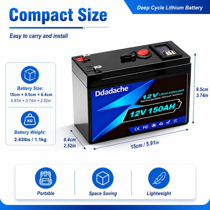 LiFePO4 Batteri 12V 150Ah 1920Wh – Smart BMS, USB-port, ~4000 Cykler, 18650-celler, CE/RoHS/UN38.3, Sol/Husbil/Båt/Off-Grid, EU-lager (Polen)