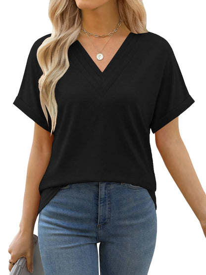 Casual Women Short Sleeve T shirt for Summer Sexy V-Neck Solid Loose Daily Office Lady Tee Tops 2025 Fashion t shirt